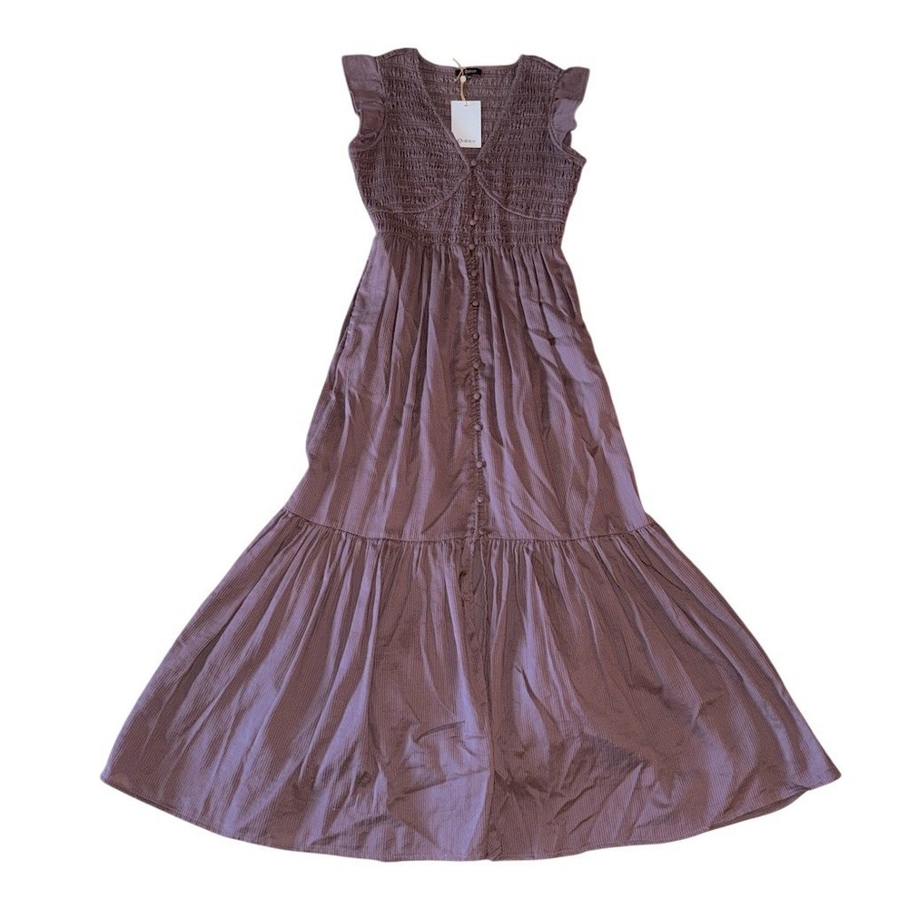 Quince Midi Dress XS Taupe Smocked V-Neck Flutter Sleeve regency cottagecore